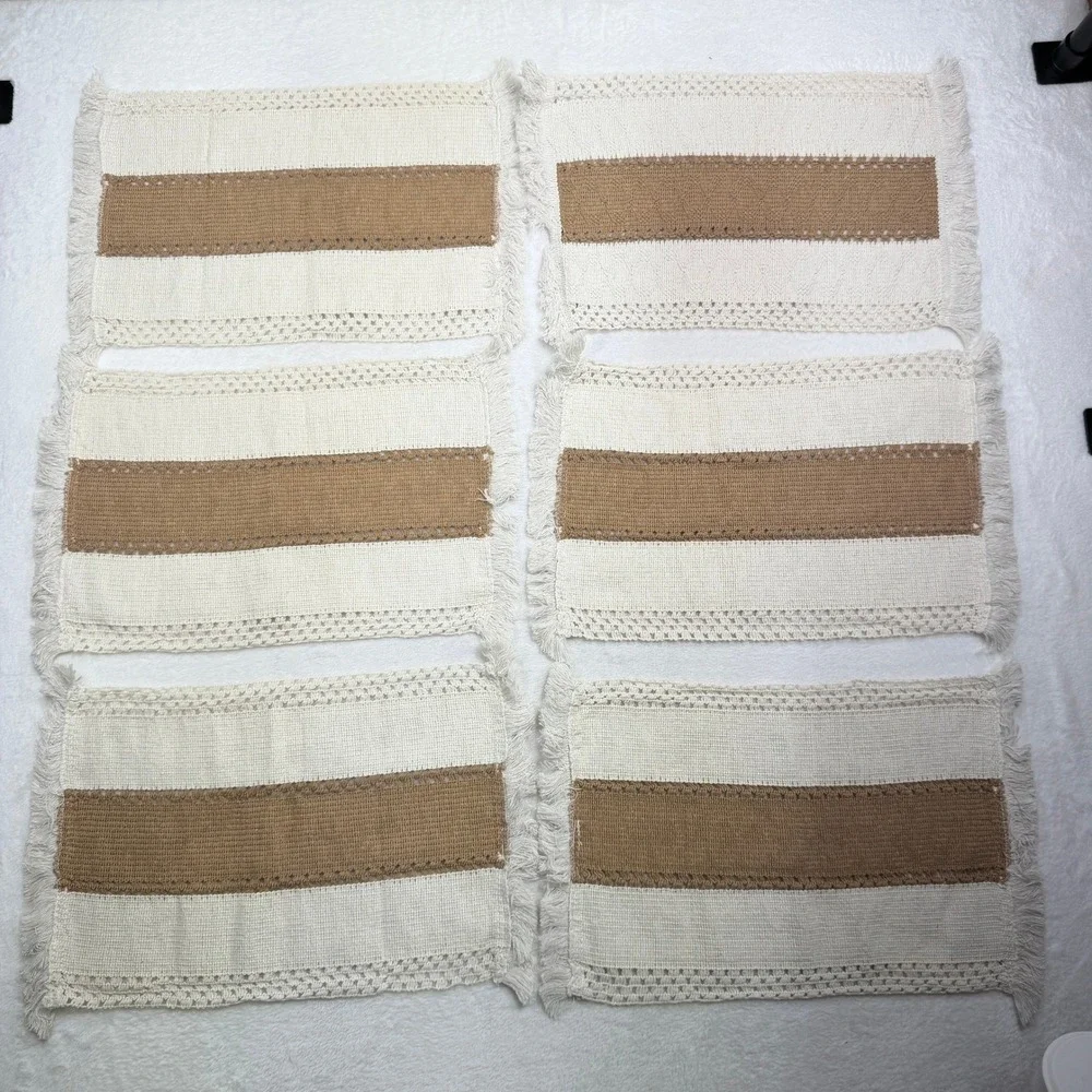 Boho Set of 6 Woven Placemats Crochet Fringe Farmhouse Cream Tan Neutral Beige